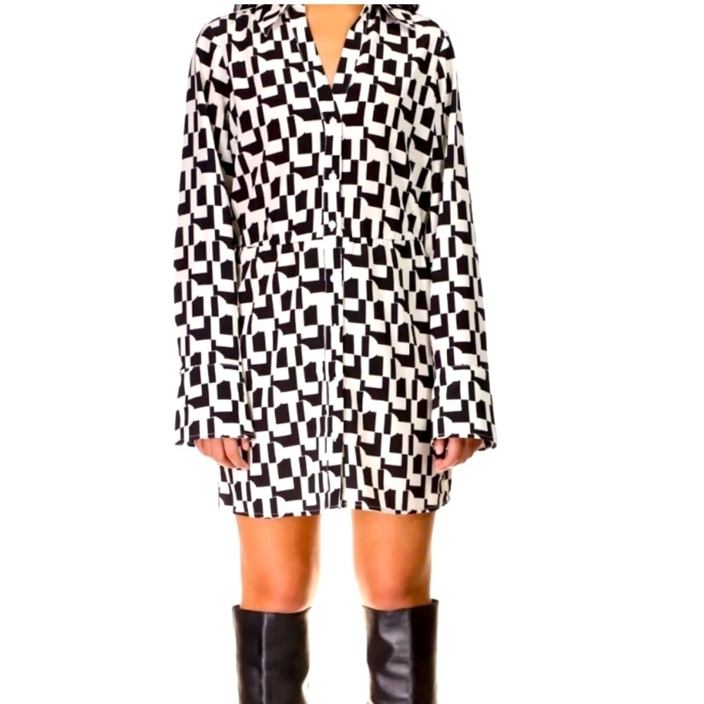 Sanctuary Geometric Pattern Shirt Dress Women’s Medium BlackWhite Office Siren